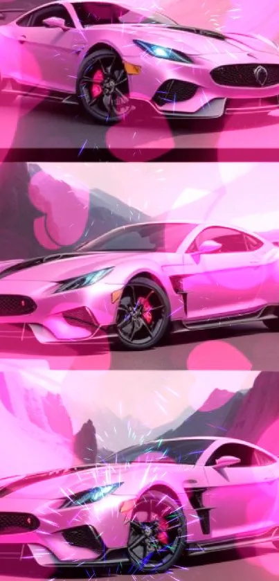 A vibrant pink sports car with sleek design against dynamic landscape backgrounds.