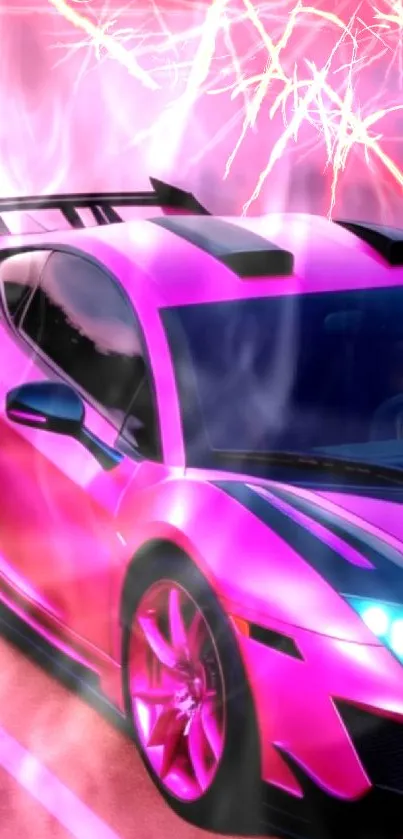 A sleek pink sports car with glowing headlights under a purple sky.