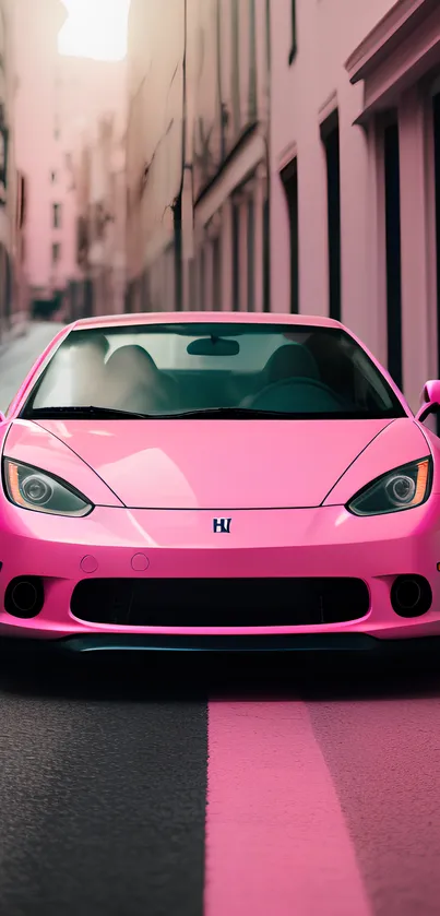 Pink sports car on a city street, vibrant and stylish.