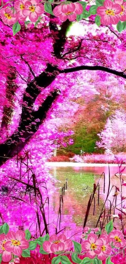 Pink cherry blossom scene with pond and floral borders.