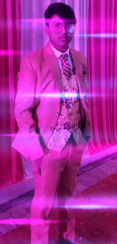 Man in beige suit with radiant pink neon lights.