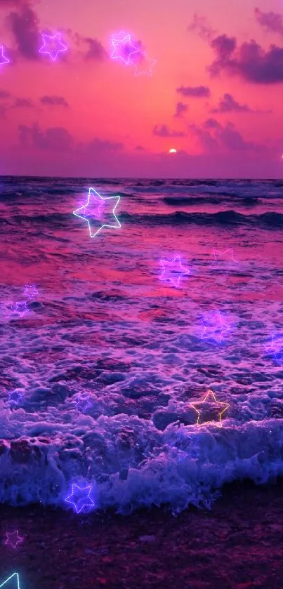 Vibrant pink sunset over ocean waves with purple hues in the sky.