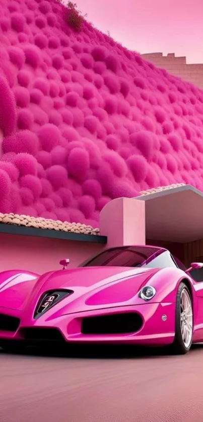 Vibrant pink supercar parked by modern building.