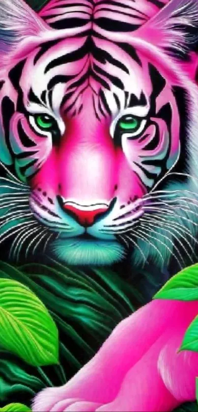 Vibrant pink tiger in a jungle setting with lush green leaves.