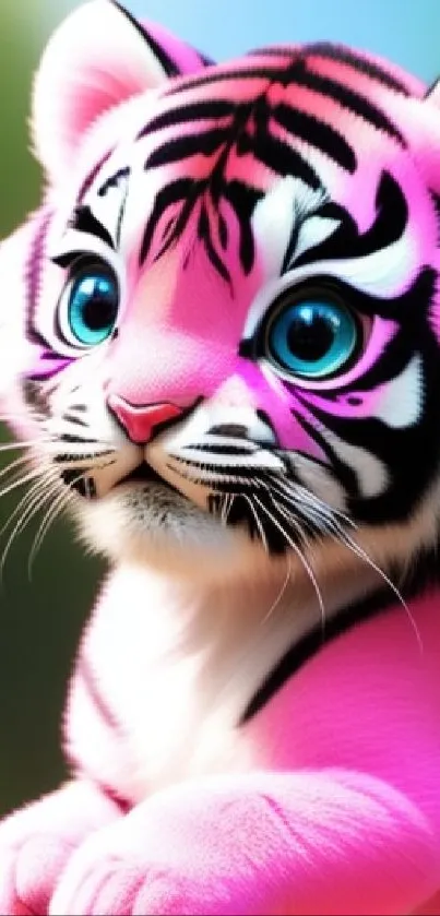 Vibrant pink tiger cub in lush setting.