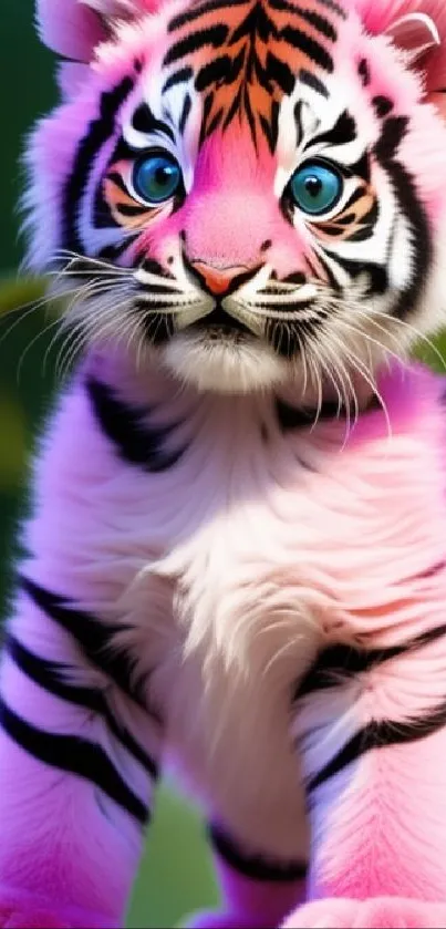 Vibrant pink tiger cub with big blue eyes as phone wallpaper.