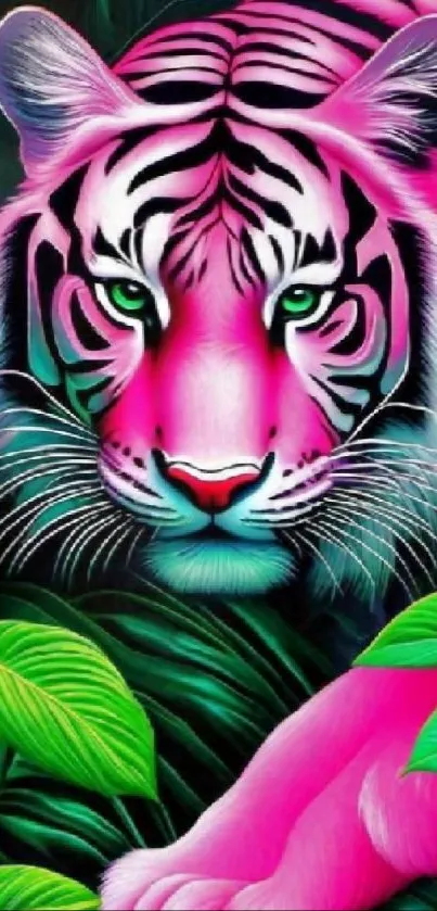 Vibrant pink tiger in lush green jungle wallpaper.