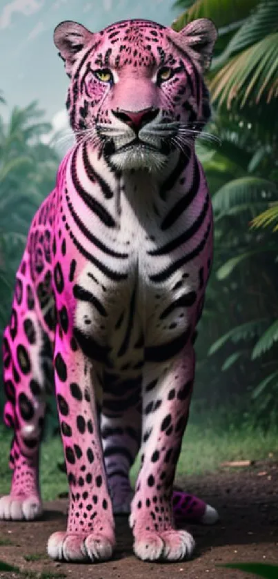 Striking pink tiger in a lush jungle setting, perfect for vibrant phone backgrounds.