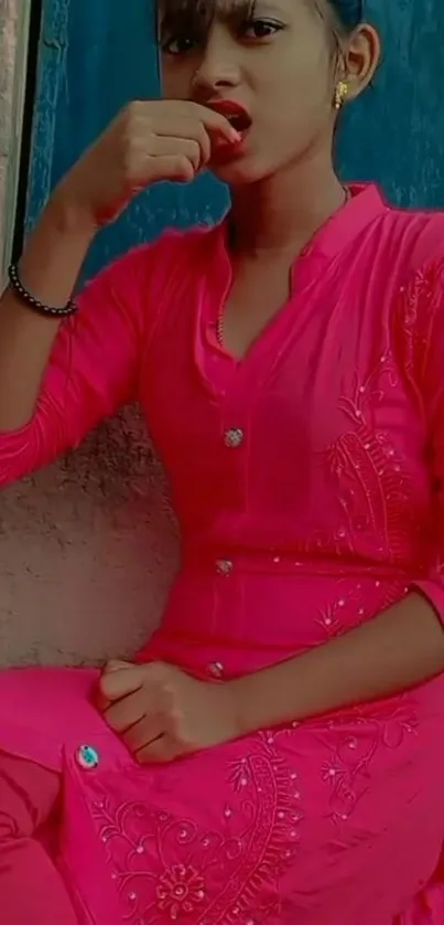 Bright pink attire worn by a person, set against a textured backdrop.