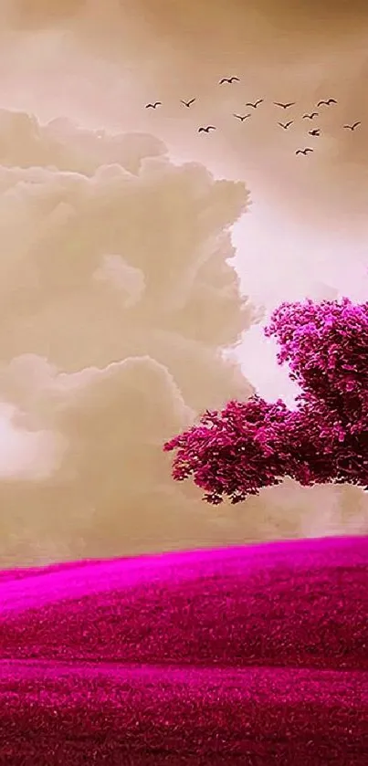 Vibrant pink tree in serene landscape wallpaper.