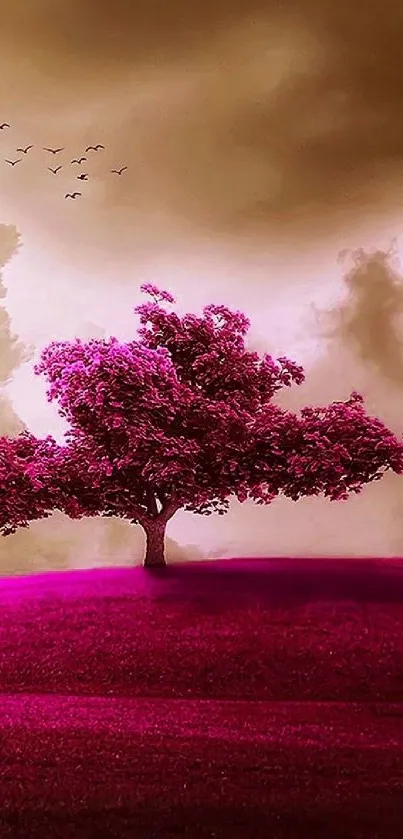 Vibrant pink tree on a hill under a dynamic, cloudy sky.