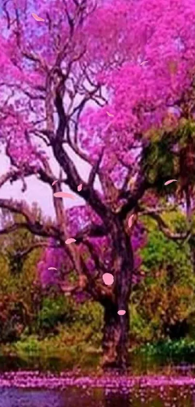 Vibrant pink tree by a serene lake in bloom.