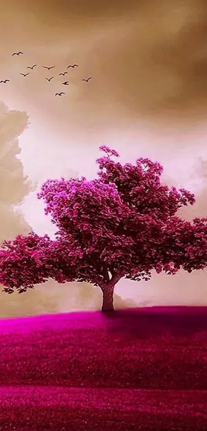 Pink tree on a hill with birds in a dreamy landscape.