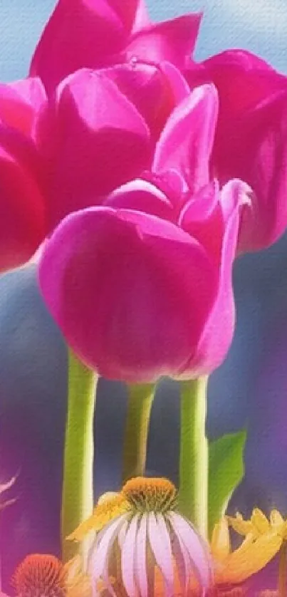 Vibrant pink tulips with colorful background.