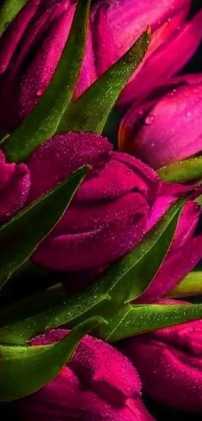 Close-up of vibrant pink tulips with dew and green leaves on a dark background.