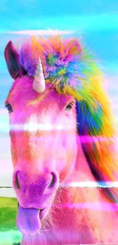 Colorful pink unicorn with rainbow mane against blue sky.