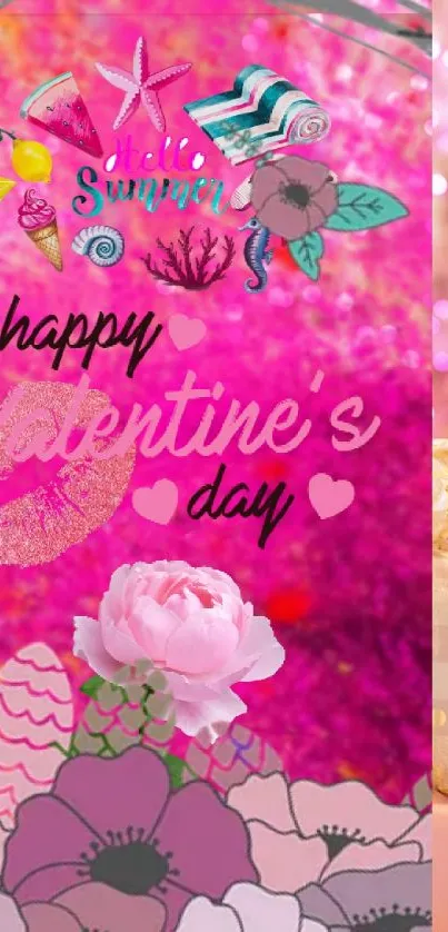 Romantic Valentine's Day phone wallpaper with vibrant pink and floral theme.