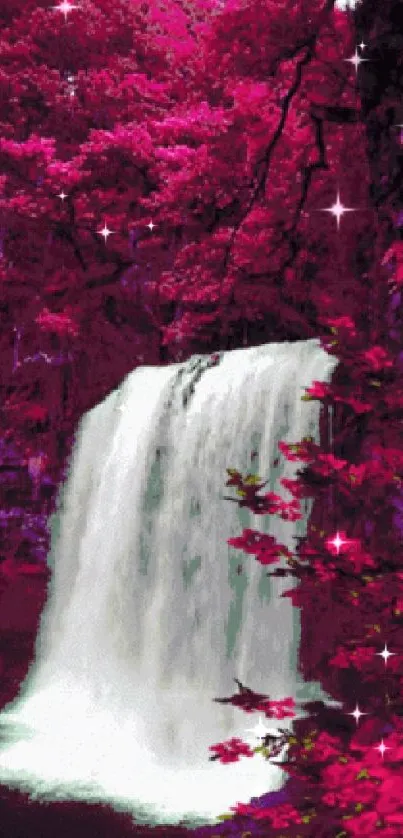 Vivid pink waterfall with lush foliage.