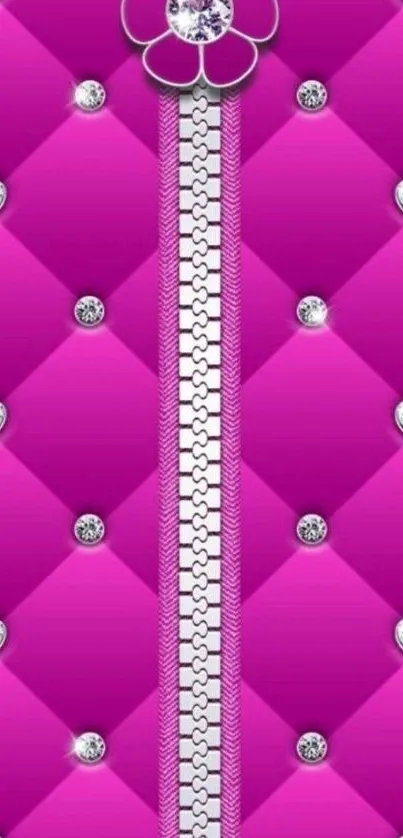 Vibrant pink zipper wallpaper with gems and floral detail.