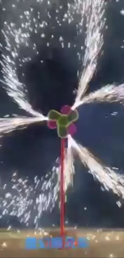 Vibrant fireworks pinwheel with sparkling lights against a dark blue background.