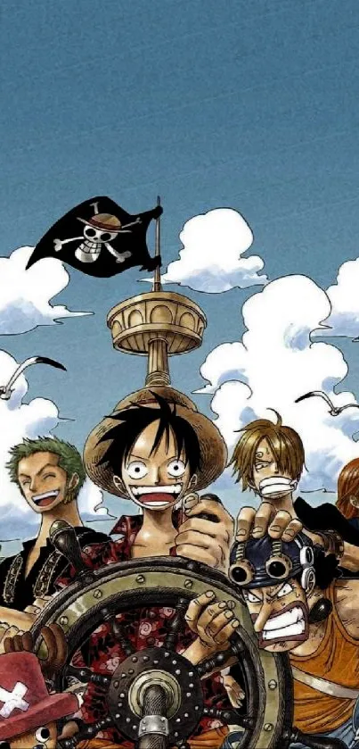 Anime pirate crew art with blue sky background.