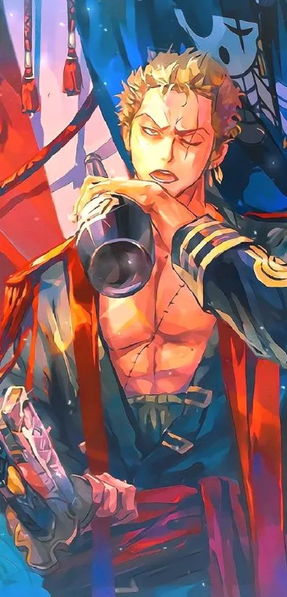 Anime pirate with bottle and vibrant colors.