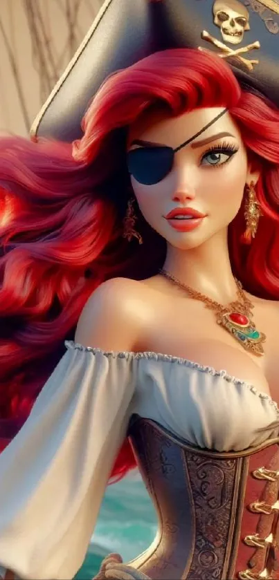 Animated pirate woman with red hair and a striking outfit