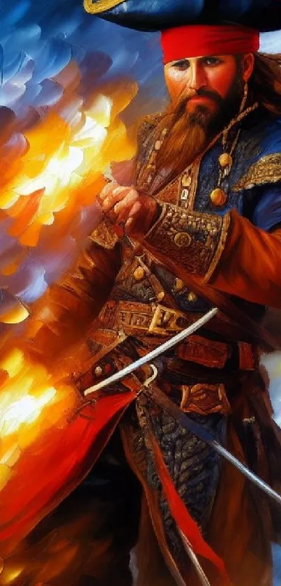 Vibrant pirate artwork with fiery background.