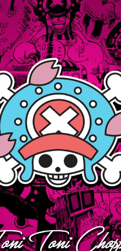 Colorful pirate emblem with pink background in anime style.