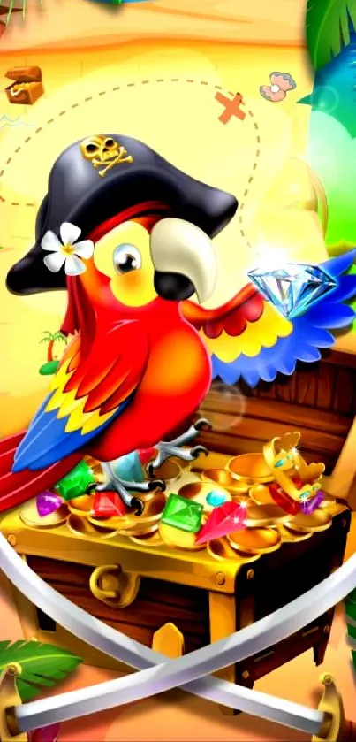 Colorful cartoon parrot with treasure chest on a pirate-themed mobile wallpaper.