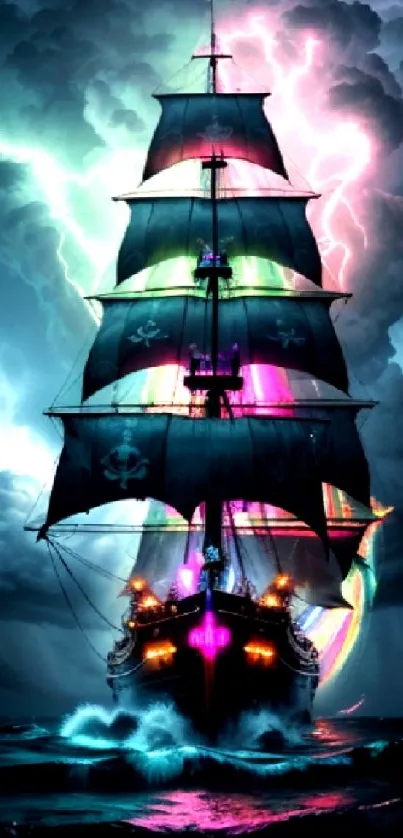 Colorful pirate ship in a vibrant storm at sea, perfect mobile wallpaper.