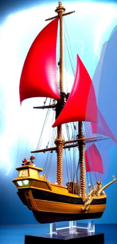 Dynamic pirate ship with red sails in lightning.