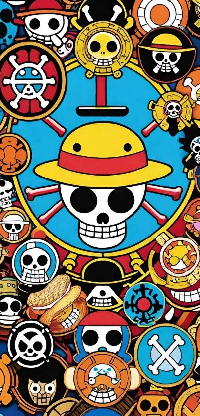 Vibrant anime skull wallpaper with colorful symbols and icons.
