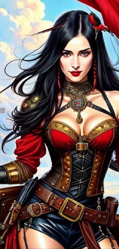 Vibrant pirate woman in red on a ship, dramatic phone wallpaper.