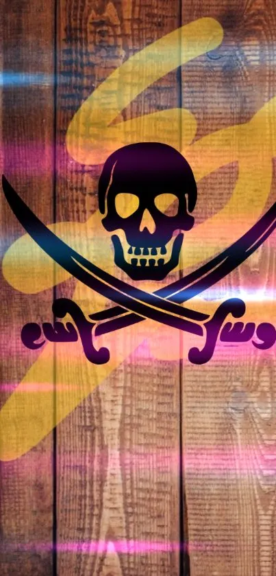 Pirate skull and swords on neon wood wallpaper.