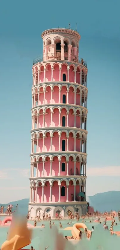 Leaning Tower of Pisa against a soft pastel sky, rich colors.