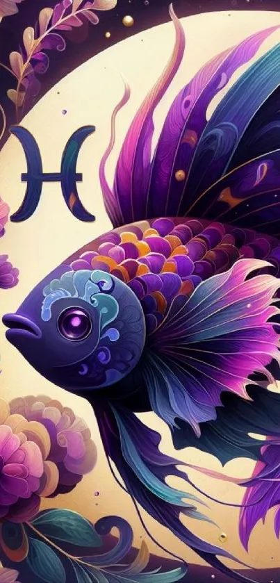 Vibrant Pisces fish with floral art in purple hues for mobile wallpaper.