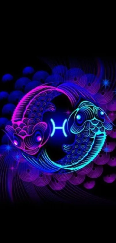 Vibrant neon Pisces zodiac art with blue and pink hues on black background.