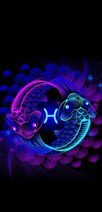 Vibrant neon Pisces zodiac wallpaper in blue and purple hues for mobile.