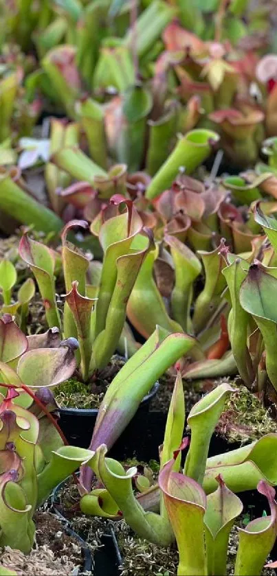 Lush arrangement of vibrant pitcher plants with green leaves and colorful highlights.