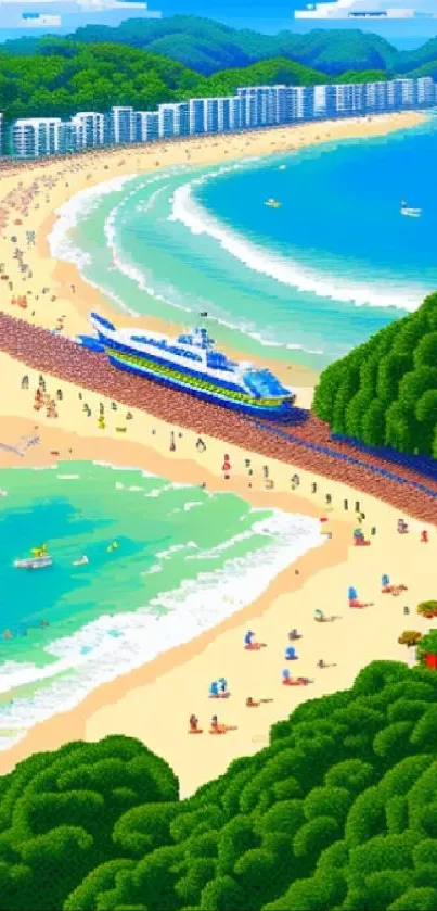 Pixel art beach scene with vibrant colors.