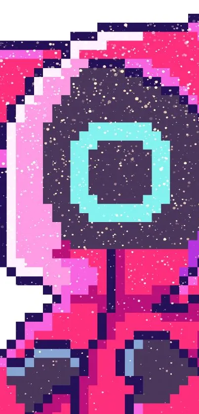 Pixel art cat in bright pink with futuristic design.