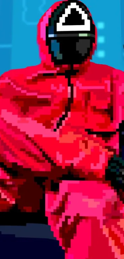 Pixel art character in vibrant red outfit on a mobile wallpaper.