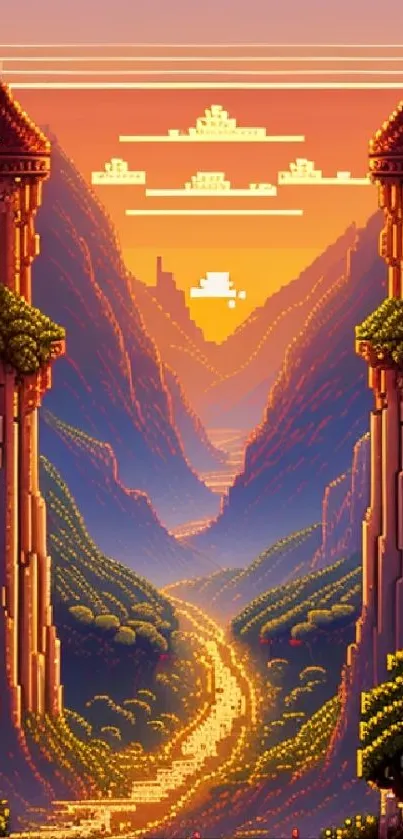 Pixel art landscape with orange sunset and castle towers.