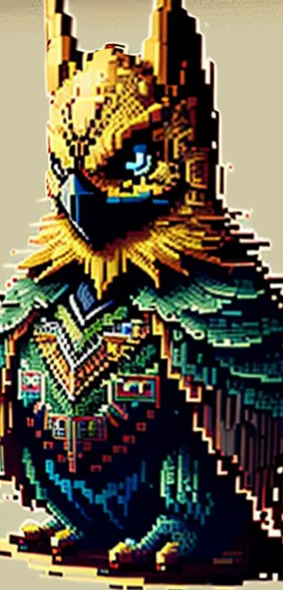 Vibrant pixel art owl with colorful design on beige background.