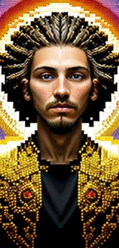 Pixel art portrait with vibrant colorful halo.