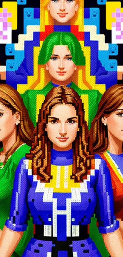 Vibrant pixel art of diverse women in colorful designs for a unique wallpaper.