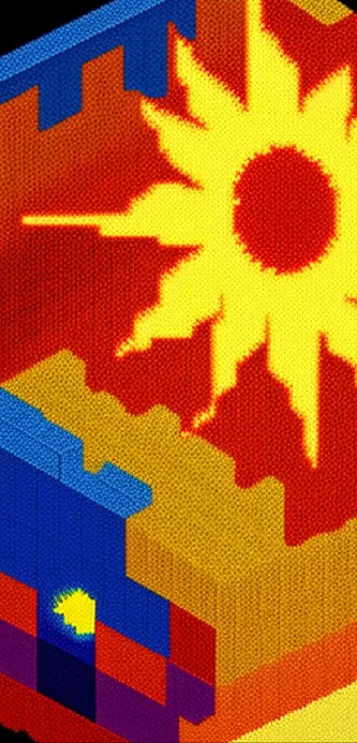 Pixel art sun design with vibrant colors.