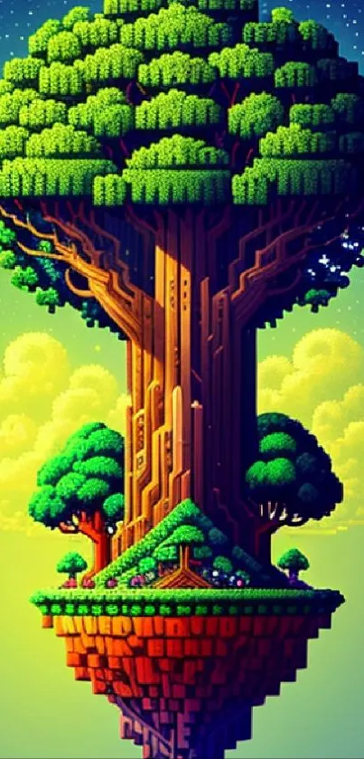 Colorful pixel art tree on a floating island wallpaper.