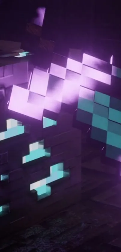 Abstract digital image with purple and cyan pixelated cubes and sword effect.